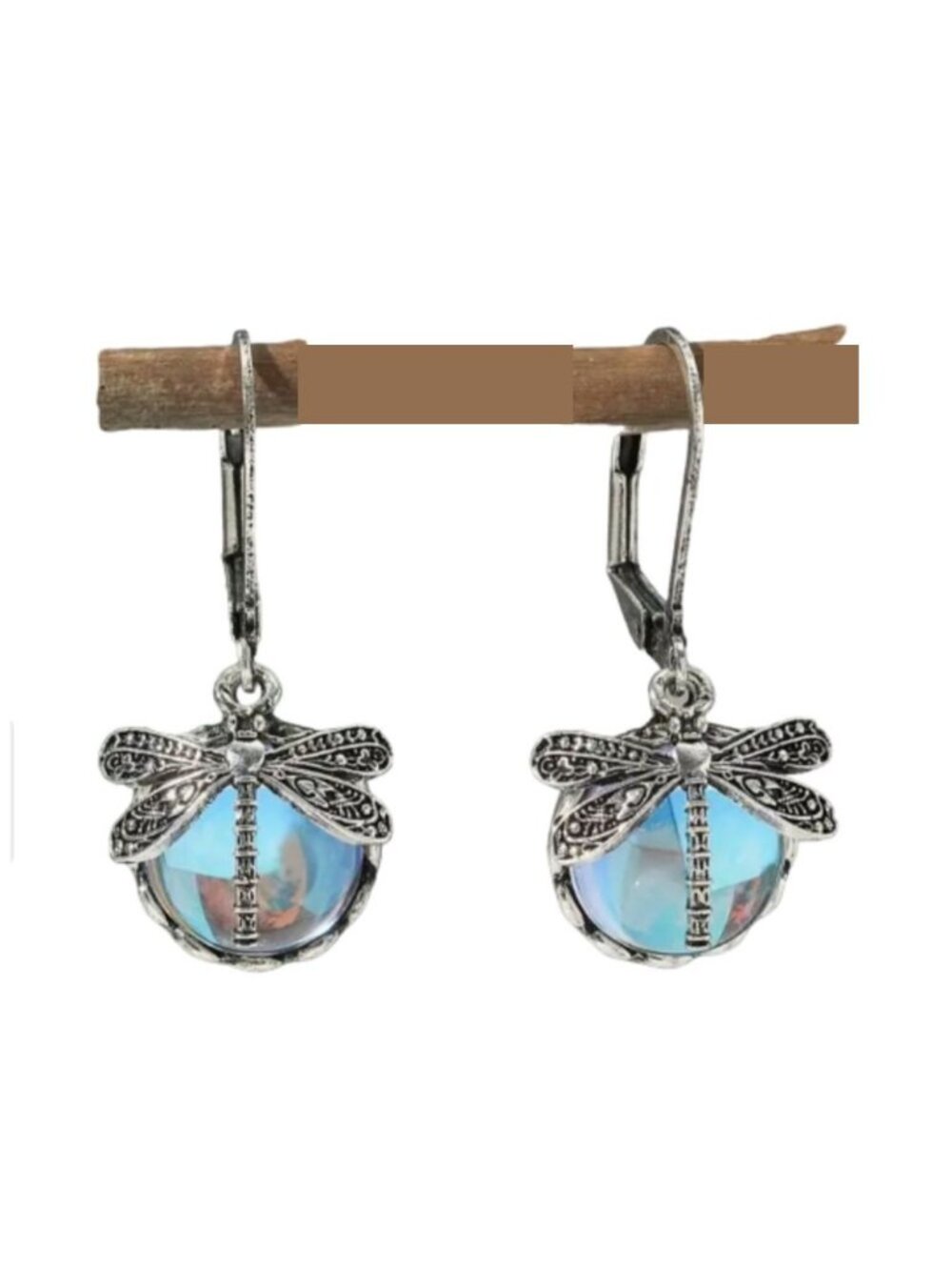 Dragonfly Dangle Earrings With Blue Glass & Silver Tone Finish